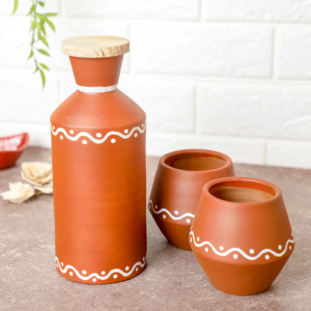Clay Water Bottle with 2 Glasses