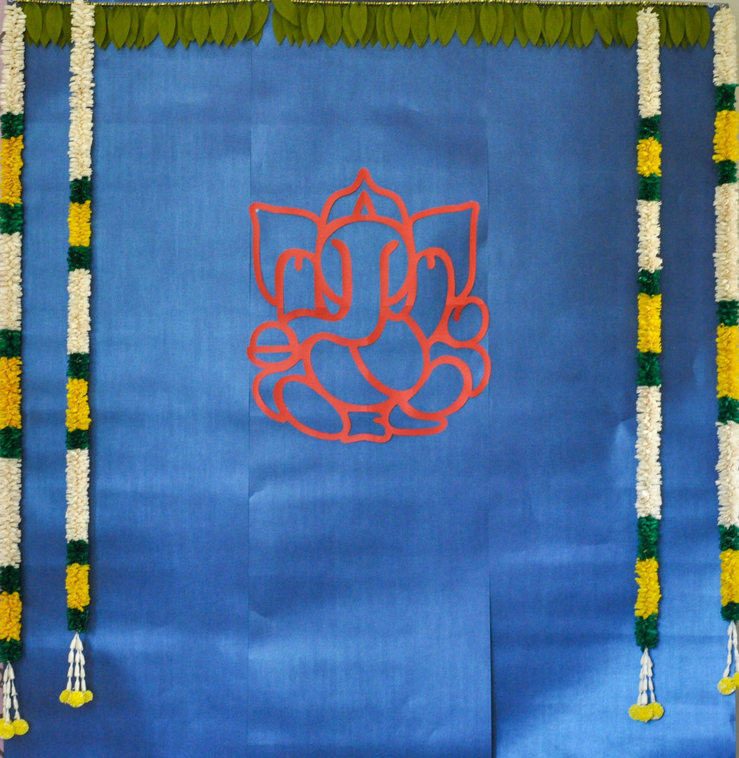 Blue Ganesha Backdrop Kit - Ganesha + Paper Mango leaves Thoran + Blue Backdrop Paper