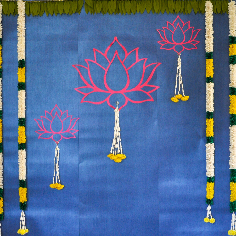 Blue Lotus Backdrop Kit - Lotus Cutouts + Paper mango leaves Toran + Blue Backdrop Paper